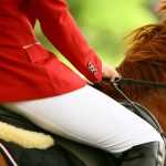 Hindernisstangen Training: Pferd mit Reiter trainiert über Kunststoff Hindernisse auf Reitplatz