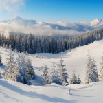Snowy mountain landscape showcasing multiple winter sports activities including skiing and snowboarding in the Alps