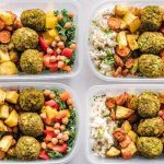 Organized meal prep containers with pre-portioned meals including protein, vegetables, and grains ready for the week