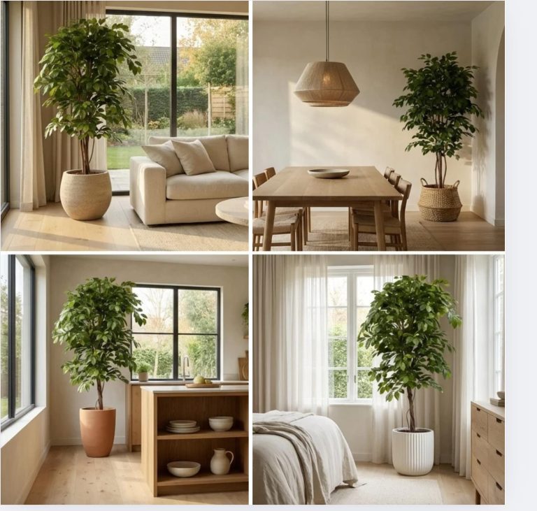 Modern Kunstpflanzen with realistic leaves and natural colors, displaying maintenance-free green living room décor solutions