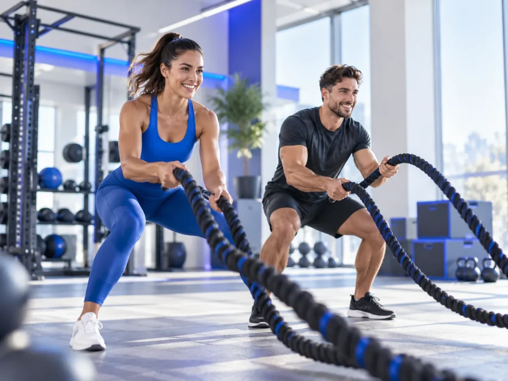 Twee sportieve volwassenen trainen met battle ropes in een moderne fitnessruimte met blauwe accenten.