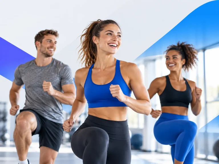 Drie sportieve volwassenen doen samen cardio-oefeningen in een moderne fitnessruimte met blauwe details.