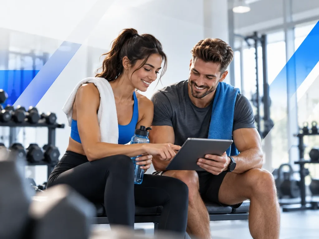 Twee sportieve volwassenen bekijken samen een trainingsschema op een tablet na het sporten in een moderne fitnessruimte.