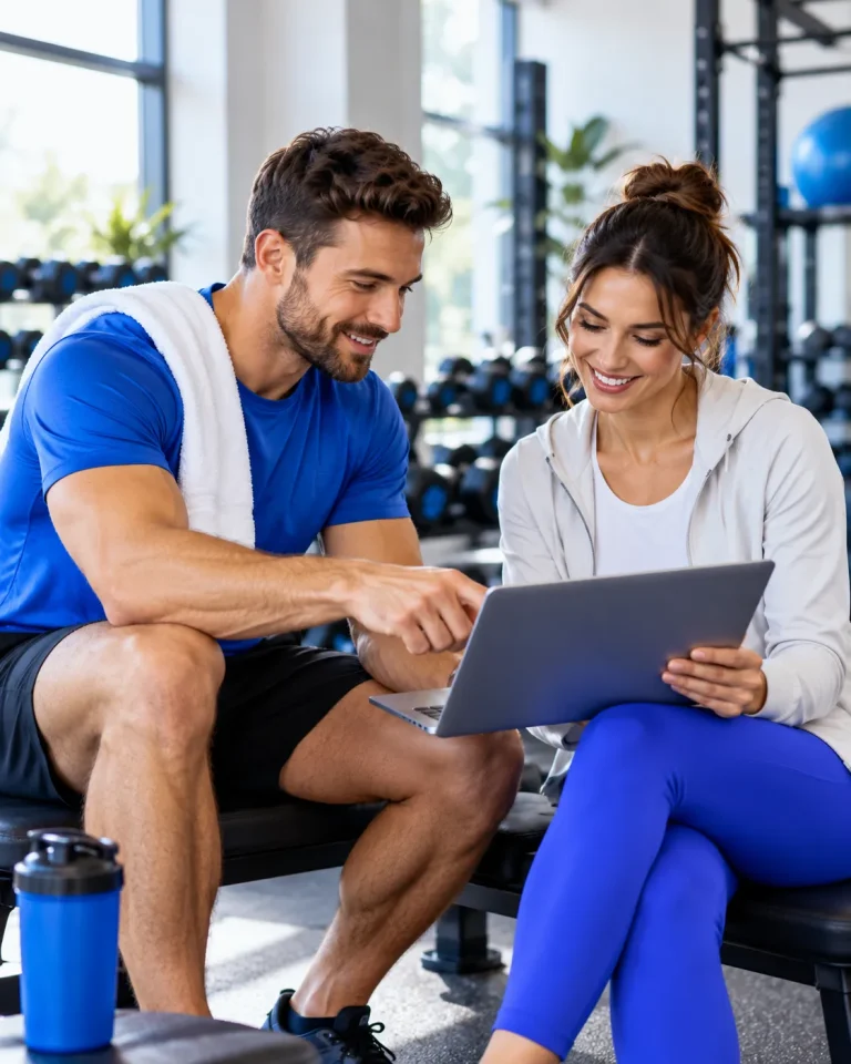 Twee auteurs bespreken samen artikelen en ideeën op een laptop in een moderne fitnessruimte met blauwe accenten.