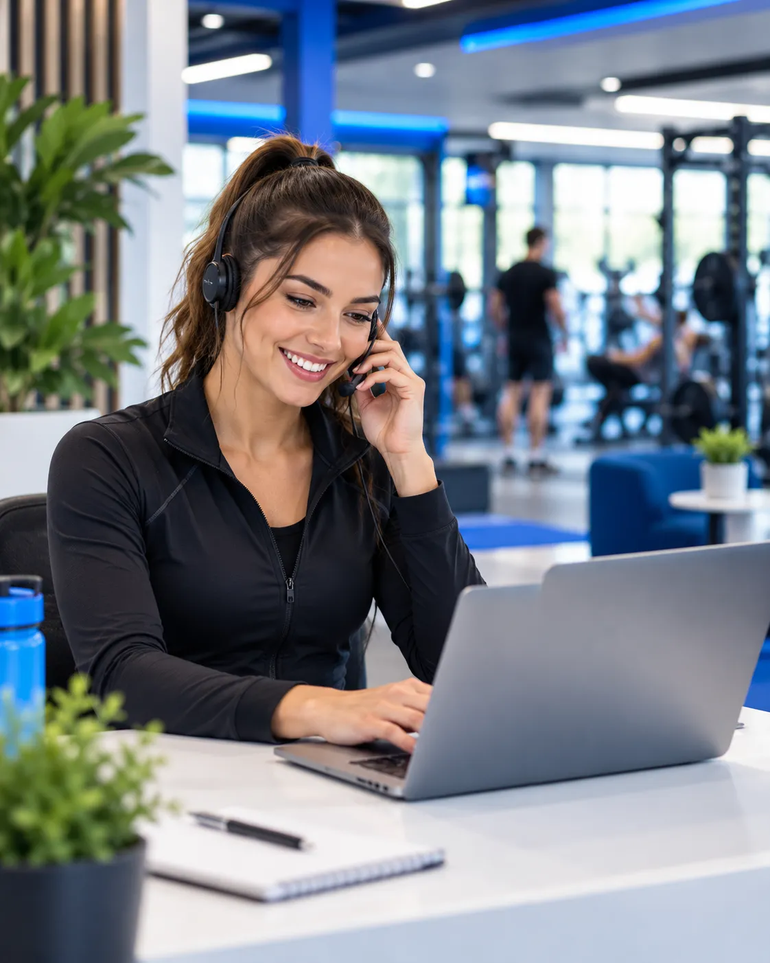 Medewerkster met headset beantwoordt vragen via haar laptop in een moderne fitnessomgeving met blauwe verlichting.