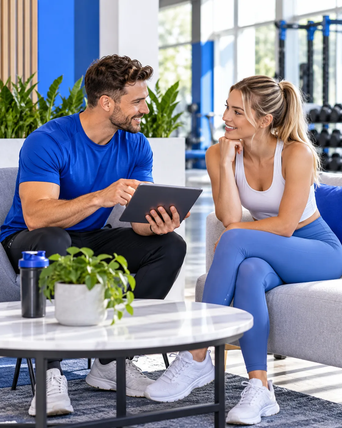 Fitnessmedewerker bespreekt informatie op een tablet met een vrouwelijke bezoeker in een lichte en moderne fitnessruimte.