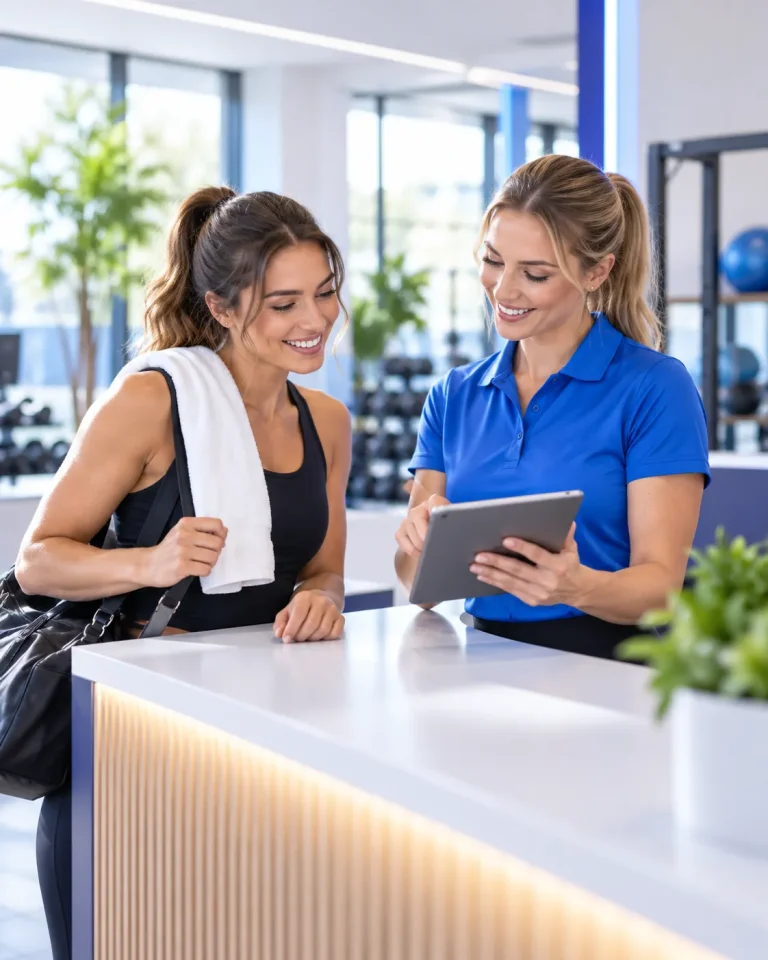 Vriendelijke fitnessmedewerkster helpt een vrouwelijke bezoeker met vragen en informatie op een tablet bij de receptie van een moderne fitnessruimte.