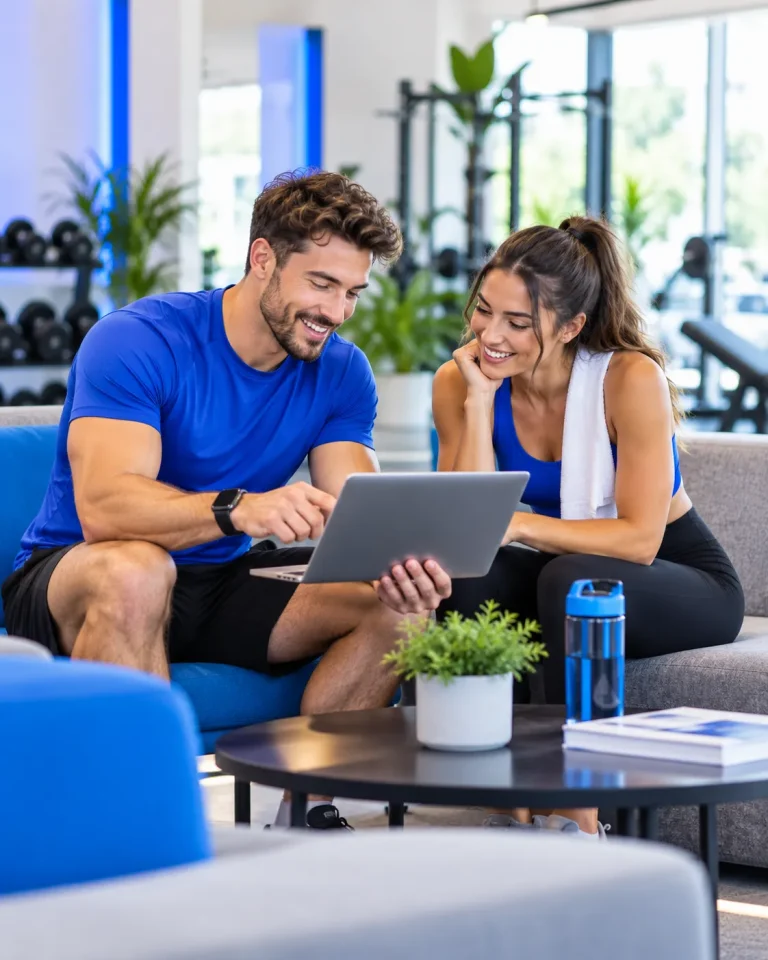 Twee sportieve volwassenen bekijken samen informatie op een laptop in een moderne fitnessruimte met blauwe accenten.