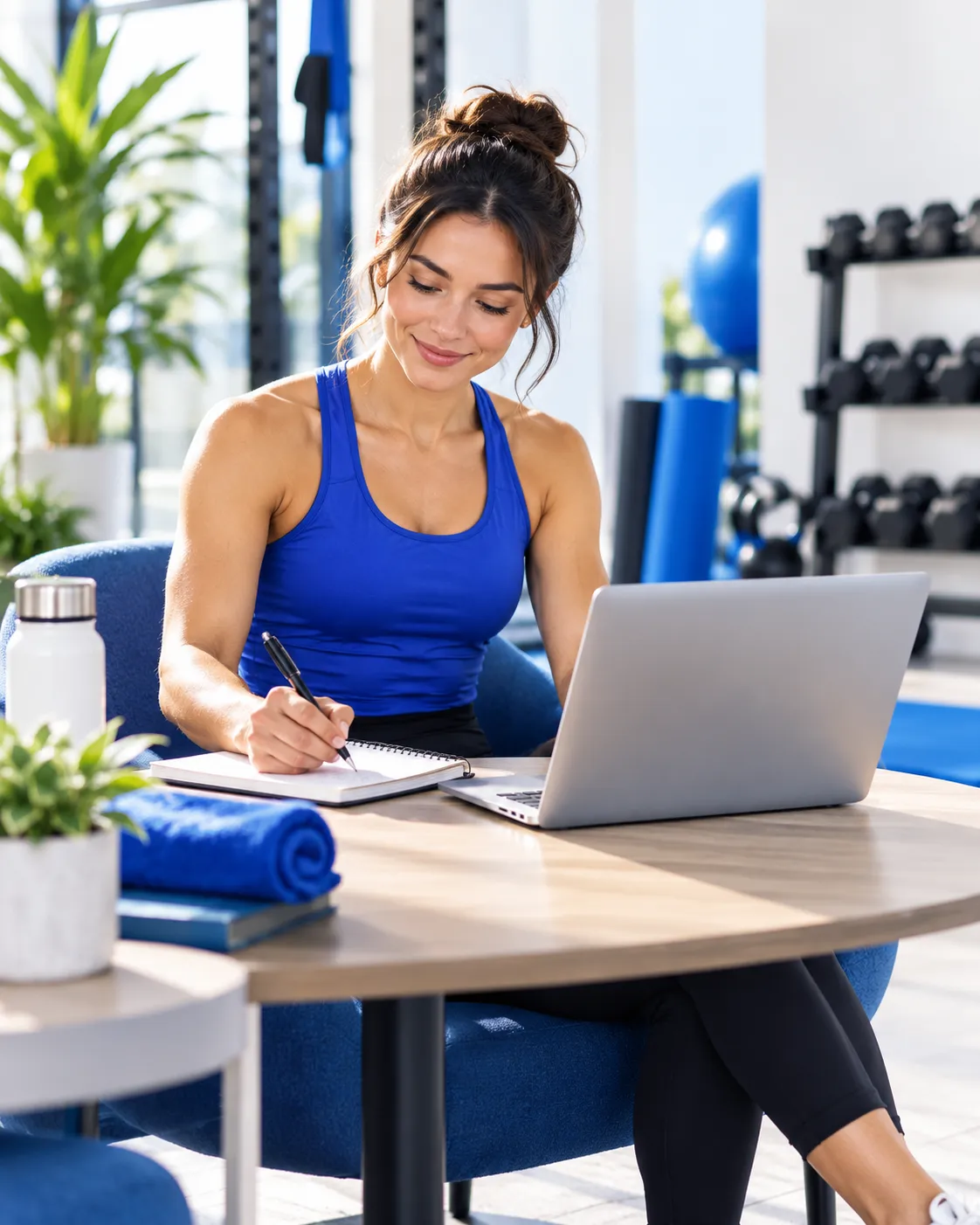Vrouwelijke auteur schrijft in een notitieboek naast haar laptop in een moderne fitnessruimte met blauwe accenten.